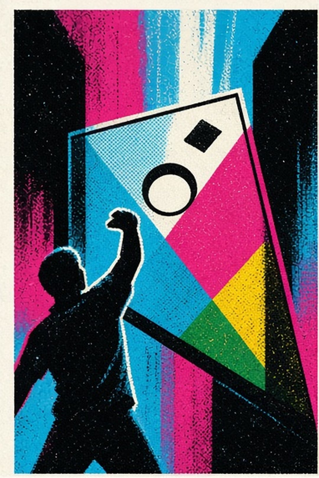 Screen-printed cornhole board gate viewed from the player end