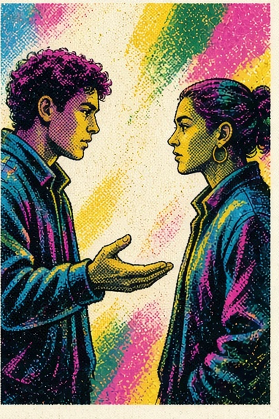 Two fictional partners exchanging a clear hand cue and eye line