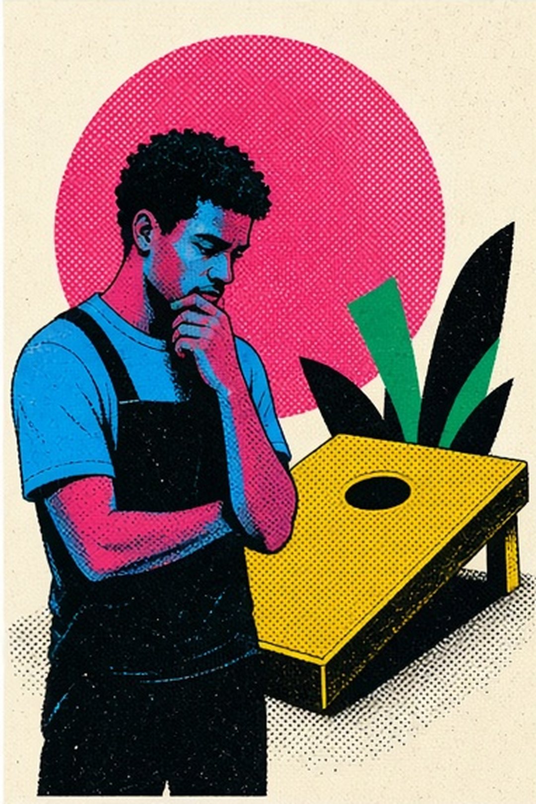 Fictional player making a visual check-in with face and hands visible