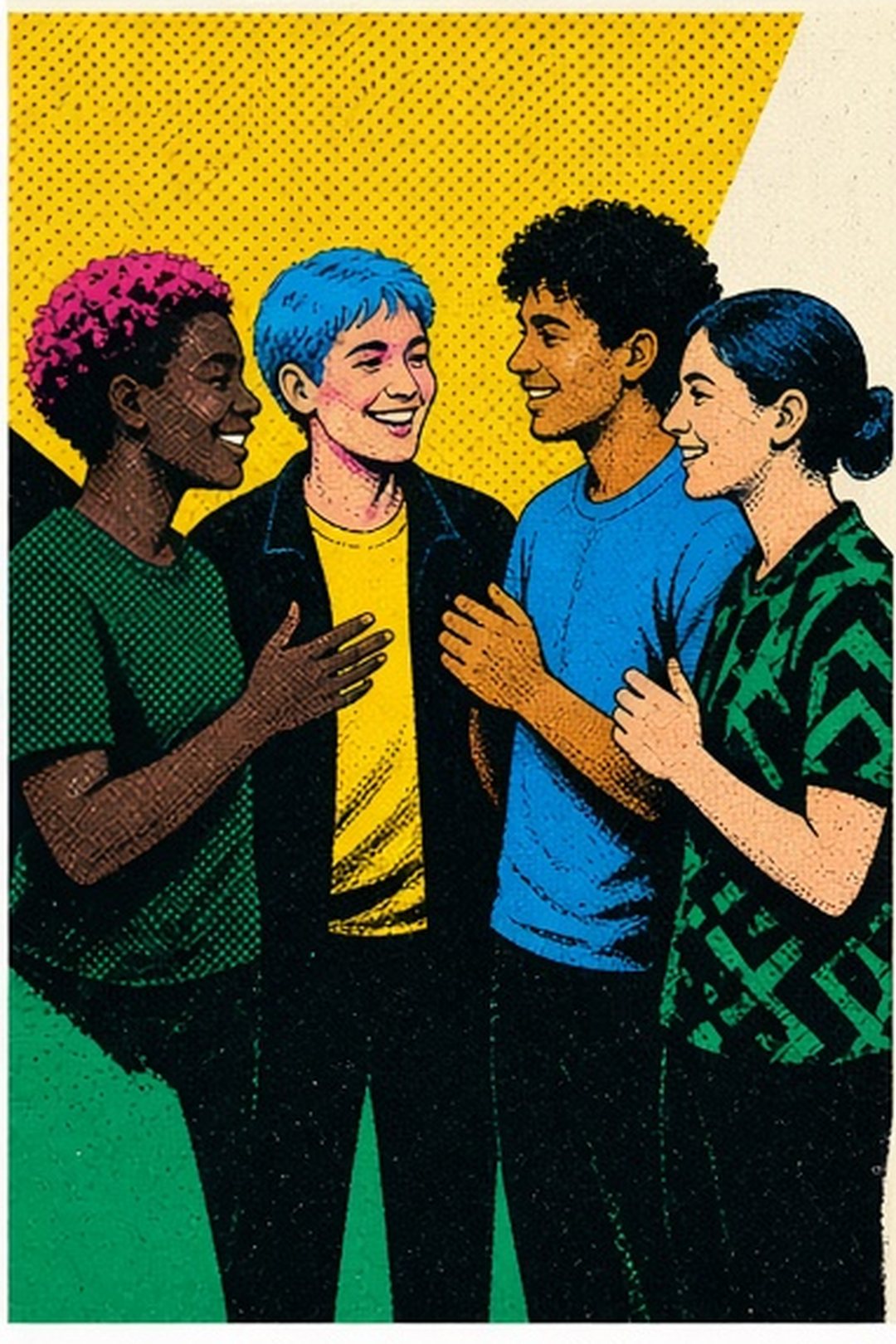 Accessible fictional huddle arranged for clear faces, hands, and sightlines