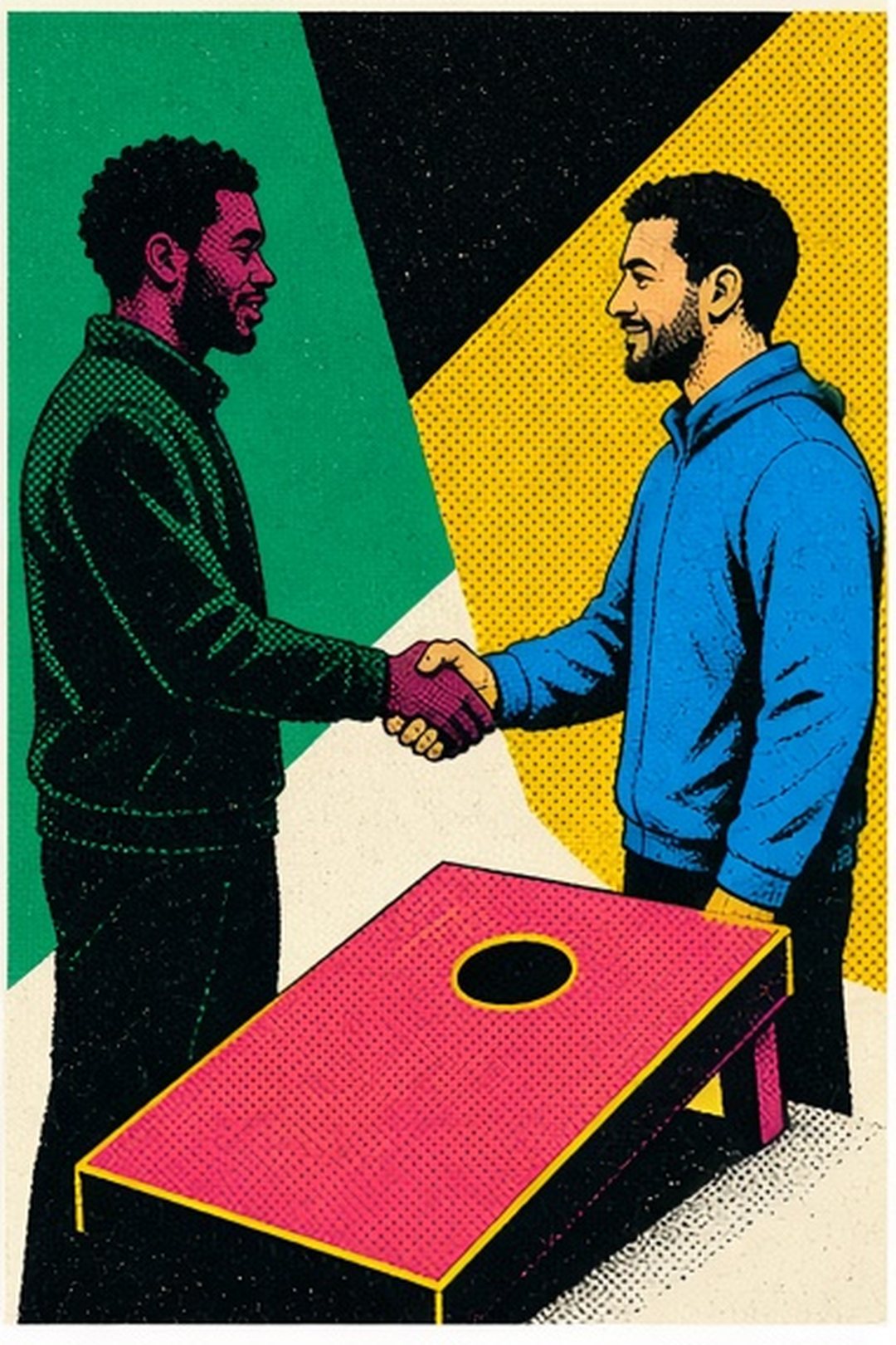 Fictional players acknowledging one another through a visible gesture beside a board