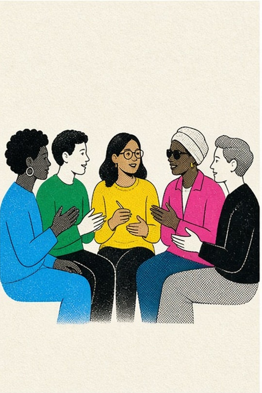 Diverse fictional visual learners gathered with faces and hands visible