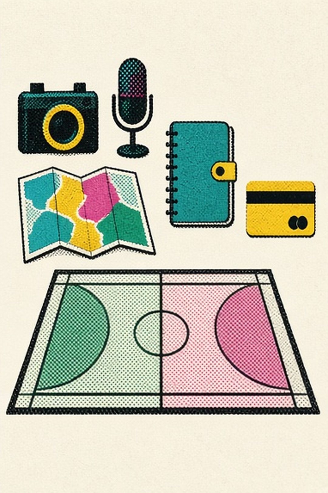 Camera, microphone, map, contact book, and payment objects outside a practice court