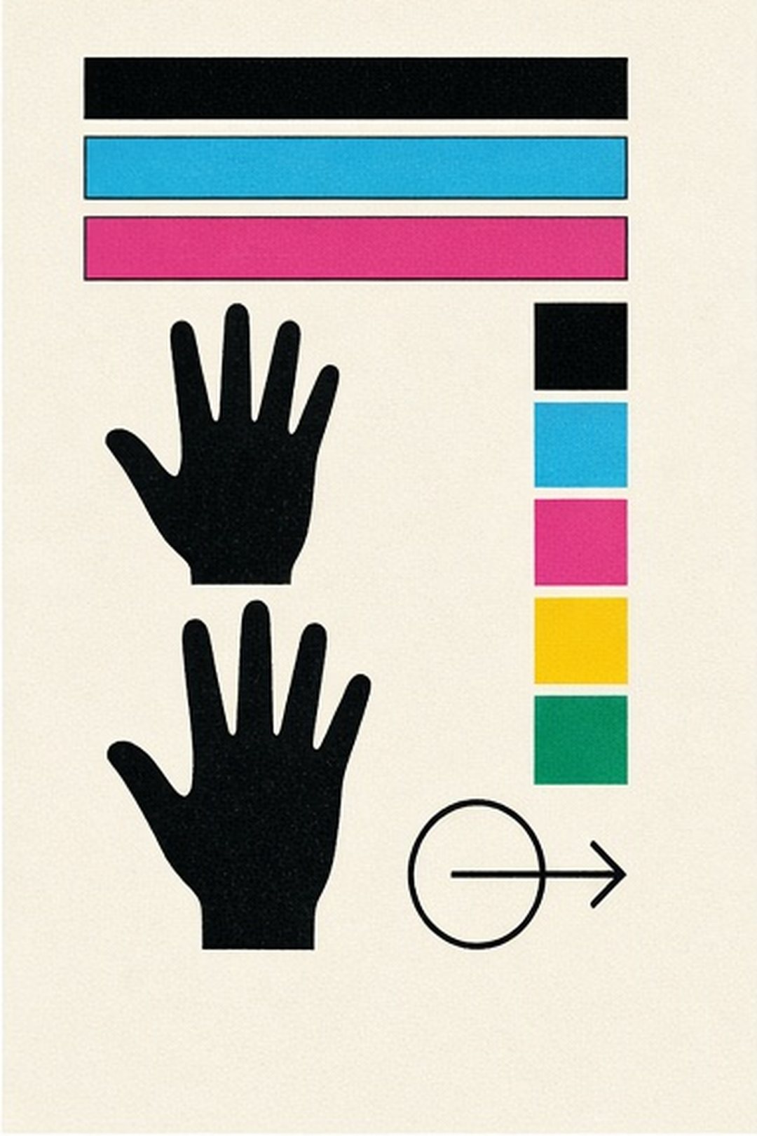 Screen-printed visual-access composition with caption bars, hand visibility, contrast swatches, and a still-motion symbol